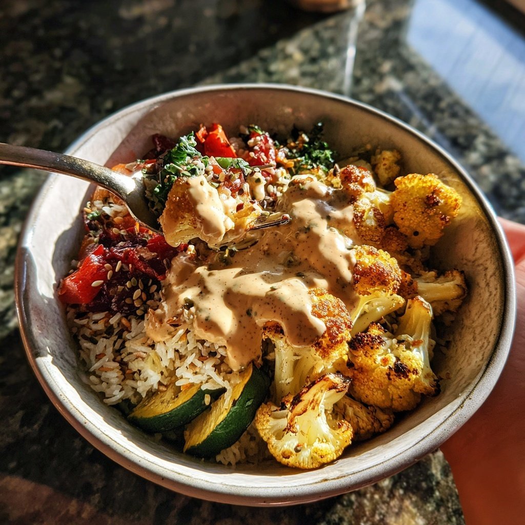Roasted Cauliflower Tahini Rice Bowl